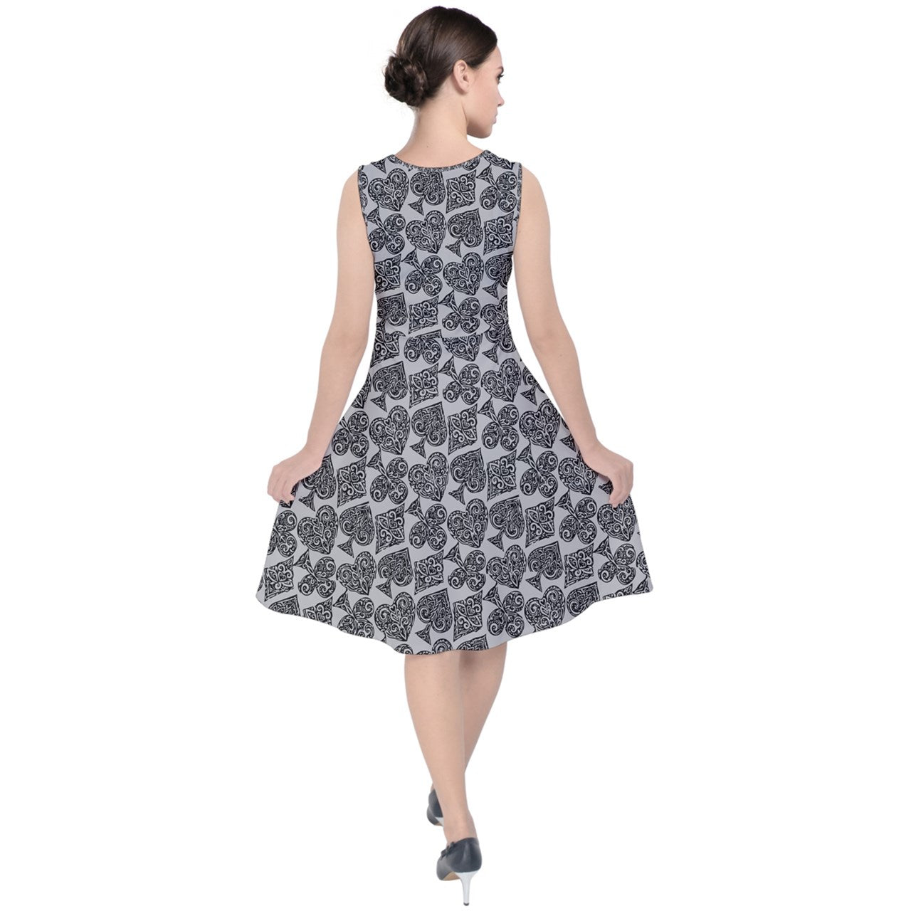 Playingcards-grey V-Neck Midi Sleeveless Dress - Luxtrini, LLC