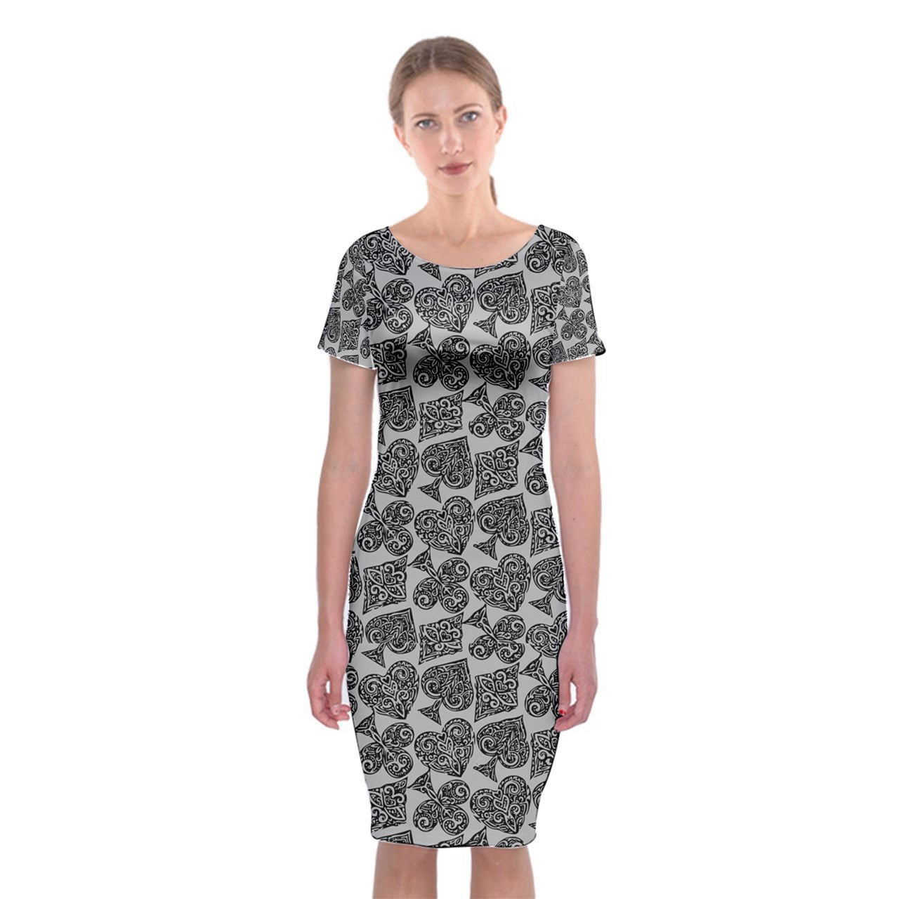 Playingcards-grey Classic Short Sleeve Midi Dress - Luxtrini, LLC