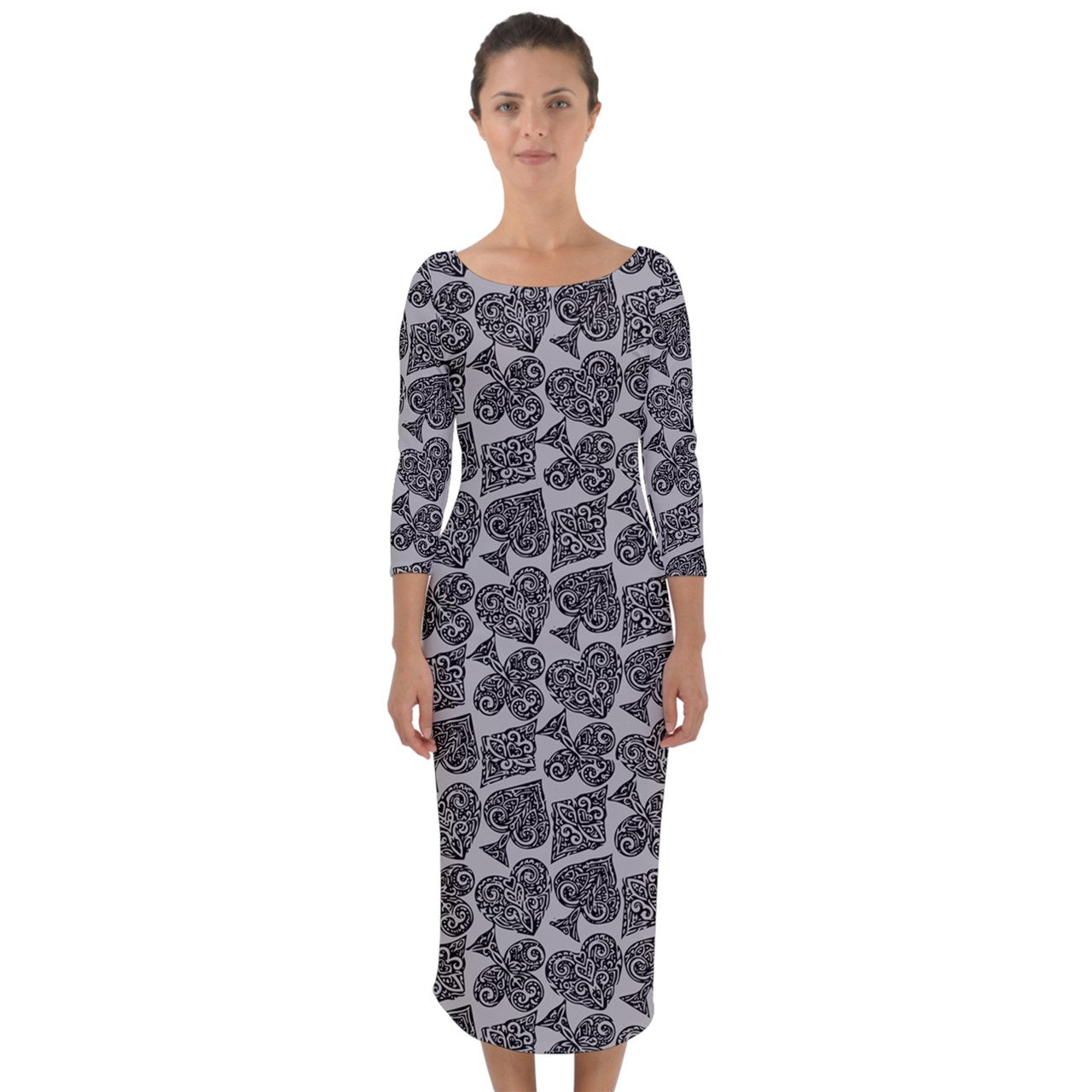 Playingcards-grey Quarter Sleeve Midi Bodycon Dress - Luxtrini, LLC