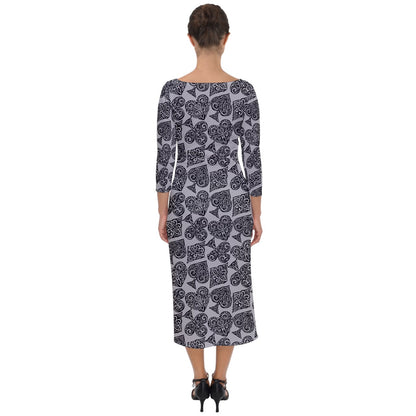 Playingcards-grey Quarter Sleeve Midi Bodycon Dress - Luxtrini, LLC