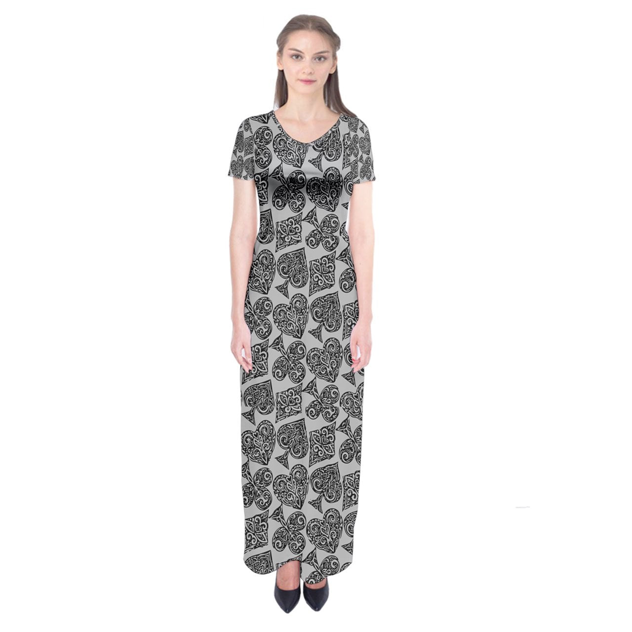 Playingcards-grey Short Sleeve Maxi Dress - Luxtrini, LLC