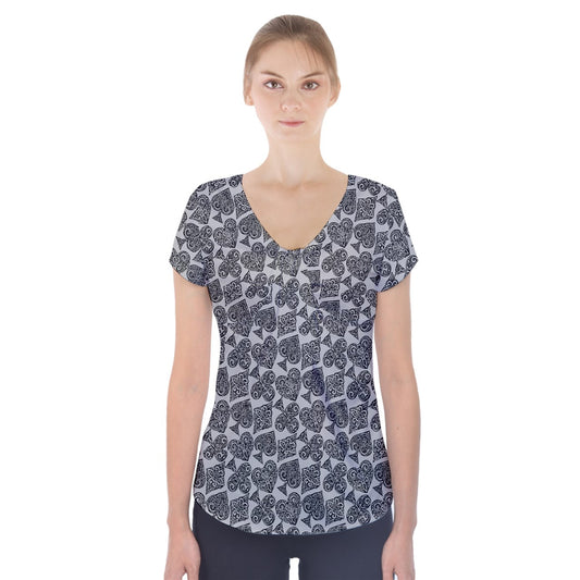 Playingcards-grey Short Sleeve Front Detail Top - Luxtrini, LLC