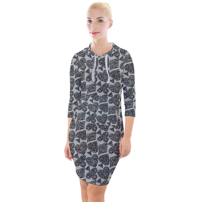 Playingcards-grey Quarter Sleeve Hood Bodycon Dress - Luxtrini, LLC