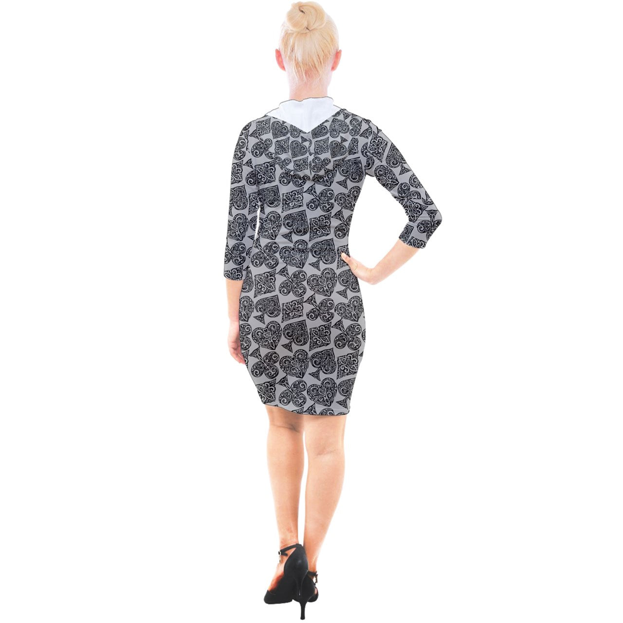 Playingcards-grey Quarter Sleeve Hood Bodycon Dress - Luxtrini, LLC