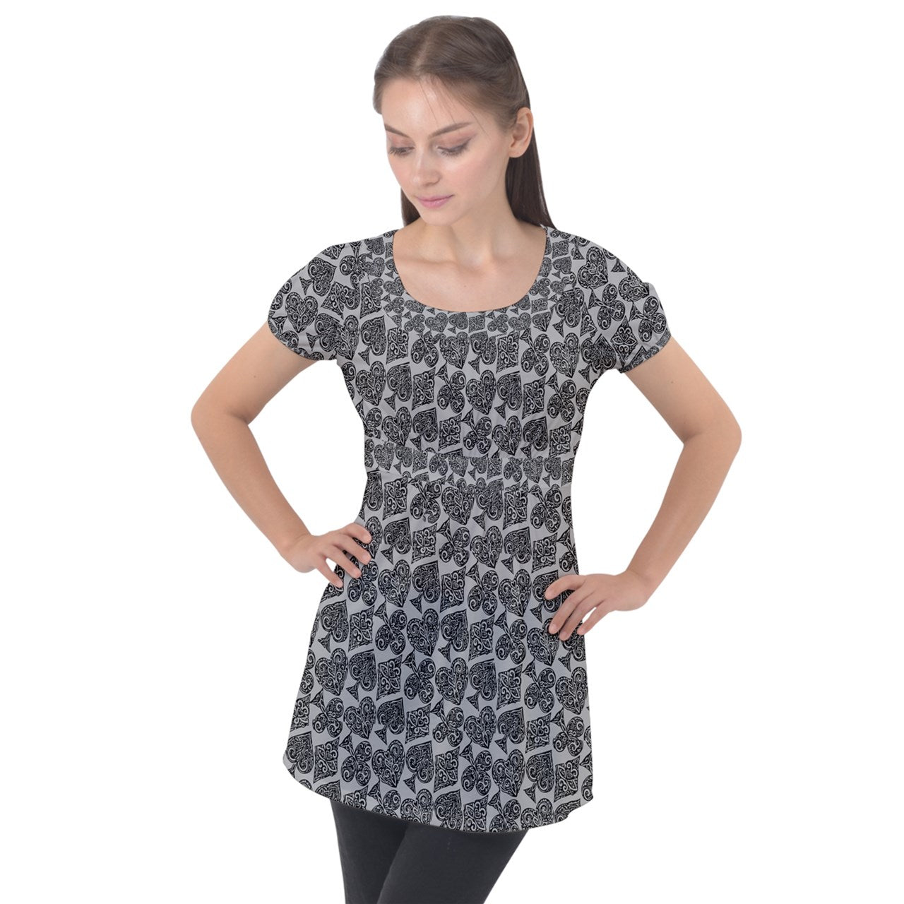 Playingcards-grey Puff Sleeve Tunic Top - Luxtrini, LLC