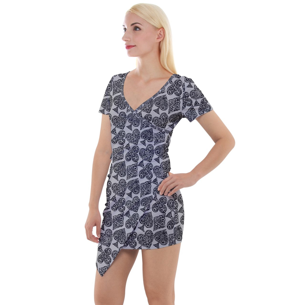 Playingcards-grey Short Sleeve Asymmetric Mini Dress - Luxtrini, LLC