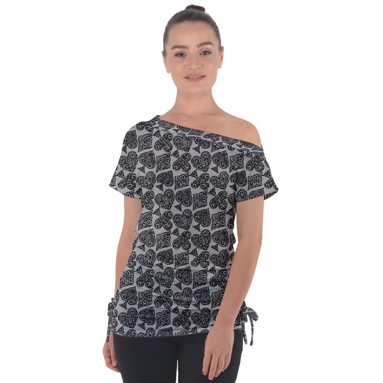 Playingcards-grey Off Shoulder Tie-Up Tee - Luxtrini, LLC