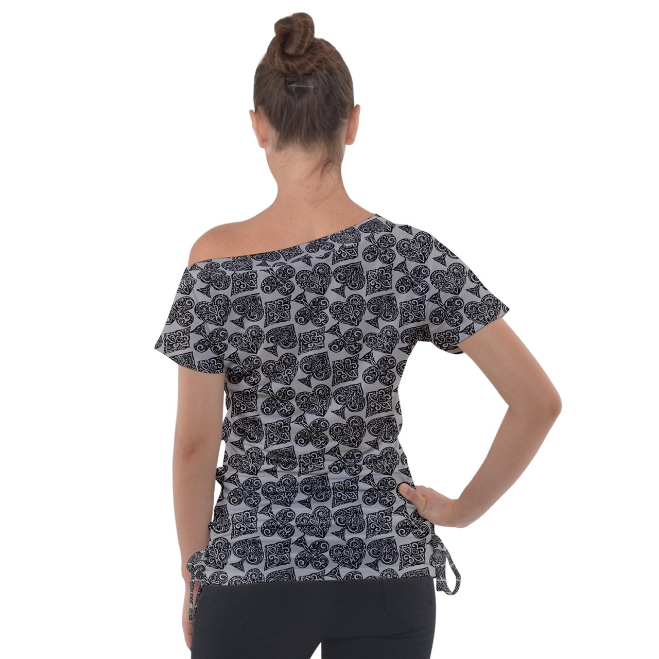 Playingcards-grey Off Shoulder Tie-Up Tee - Luxtrini, LLC