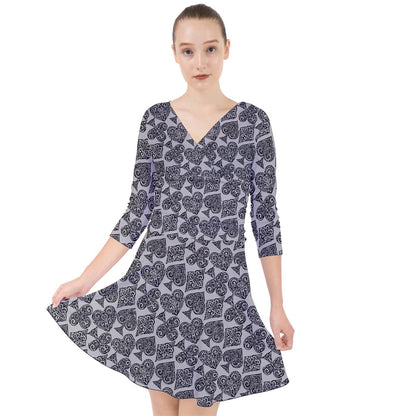 Playingcards-grey Quarter Sleeve Front Wrap Dress - Luxtrini, LLC