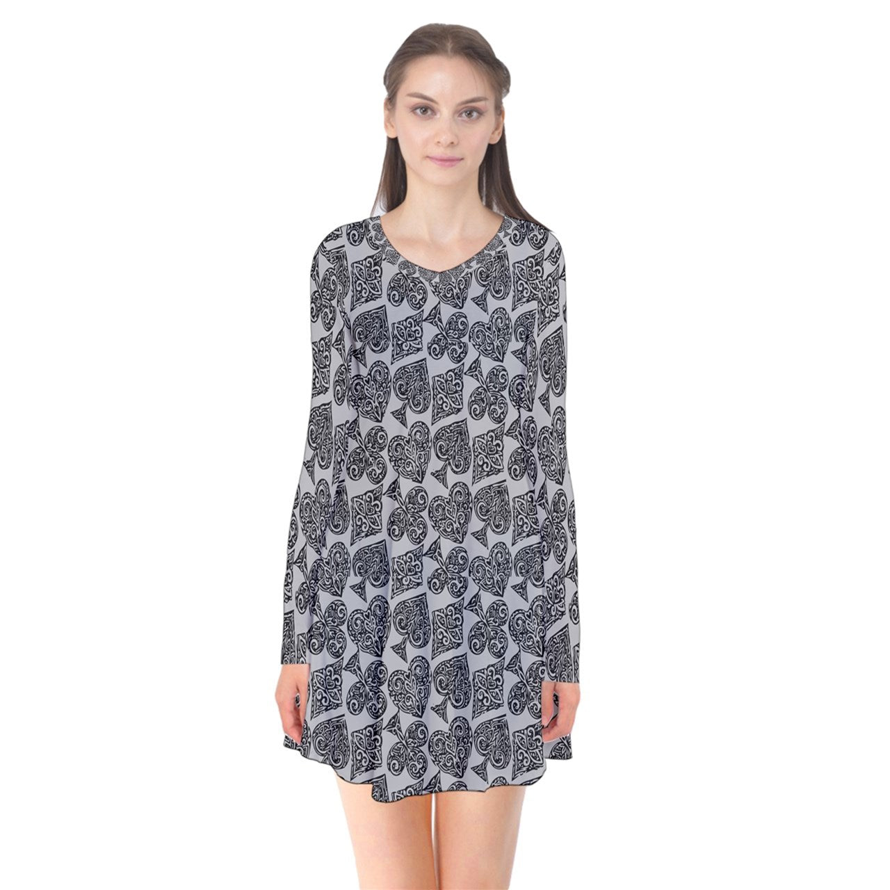 Playingcards-grey Long Sleeve V-neck Flare Dress - Luxtrini, LLC