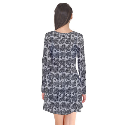 Playingcards-grey Long Sleeve V-neck Flare Dress - Luxtrini, LLC