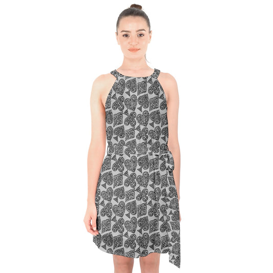 Playingcards-grey Halter Collar Waist Tie Chiffon Dress - Luxtrini, LLC