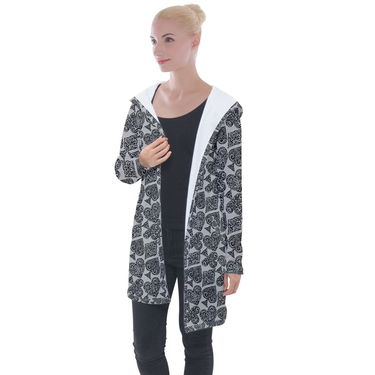 Playingcards-grey Longline Hooded Cardigan - Luxtrini, LLC