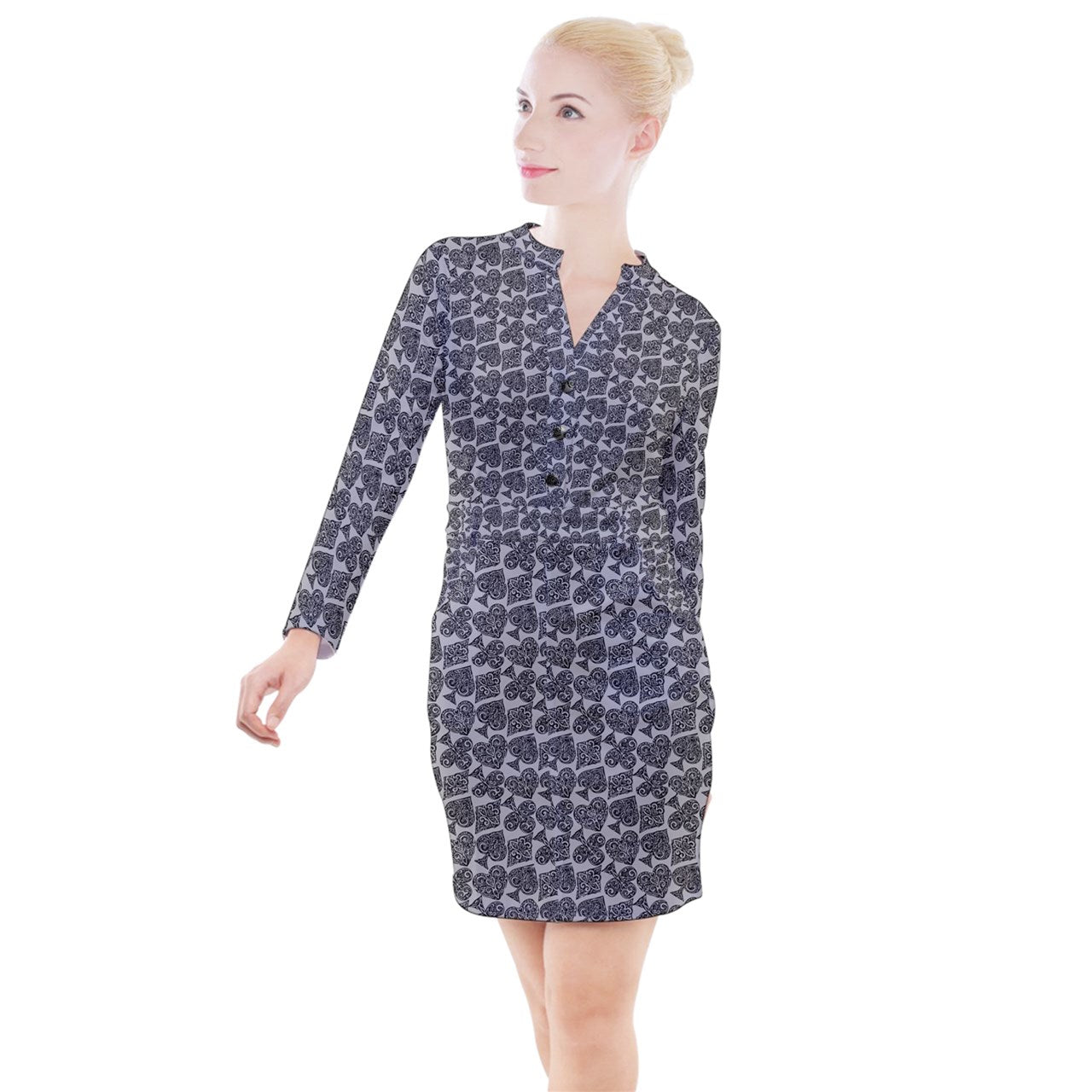 Playingcards-grey Button Long Sleeve Dress - Luxtrini, LLC