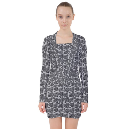 Playingcards-grey V-neck Bodycon Long Sleeve Dress - Luxtrini, LLC