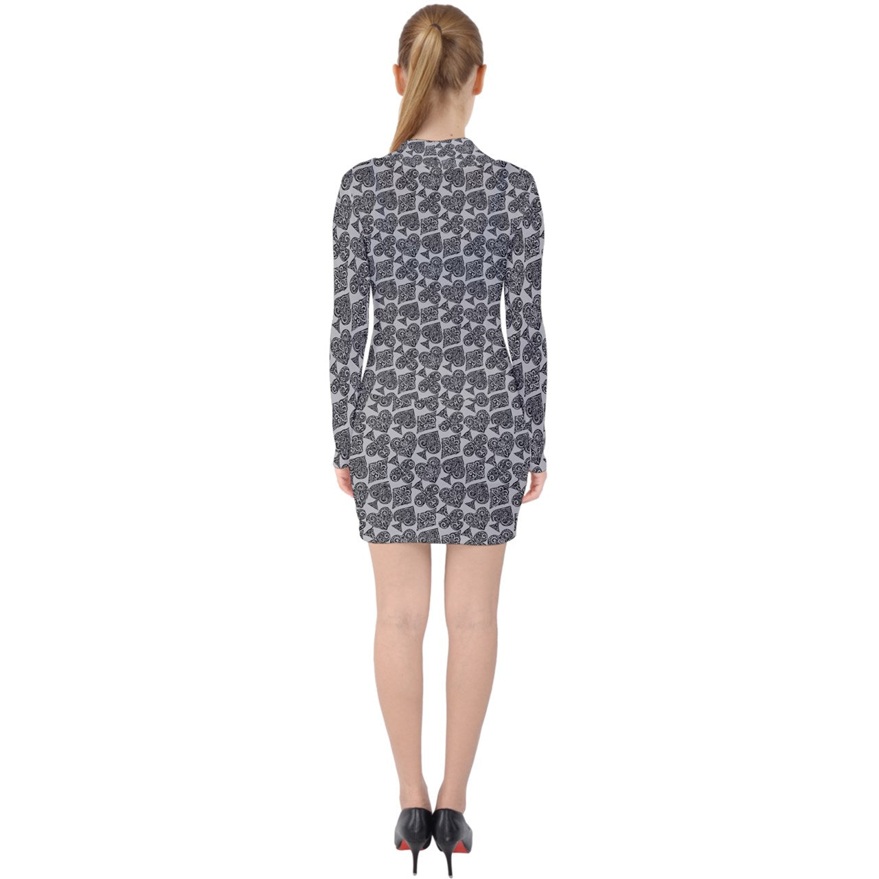 Playingcards-grey V-neck Bodycon Long Sleeve Dress - Luxtrini, LLC