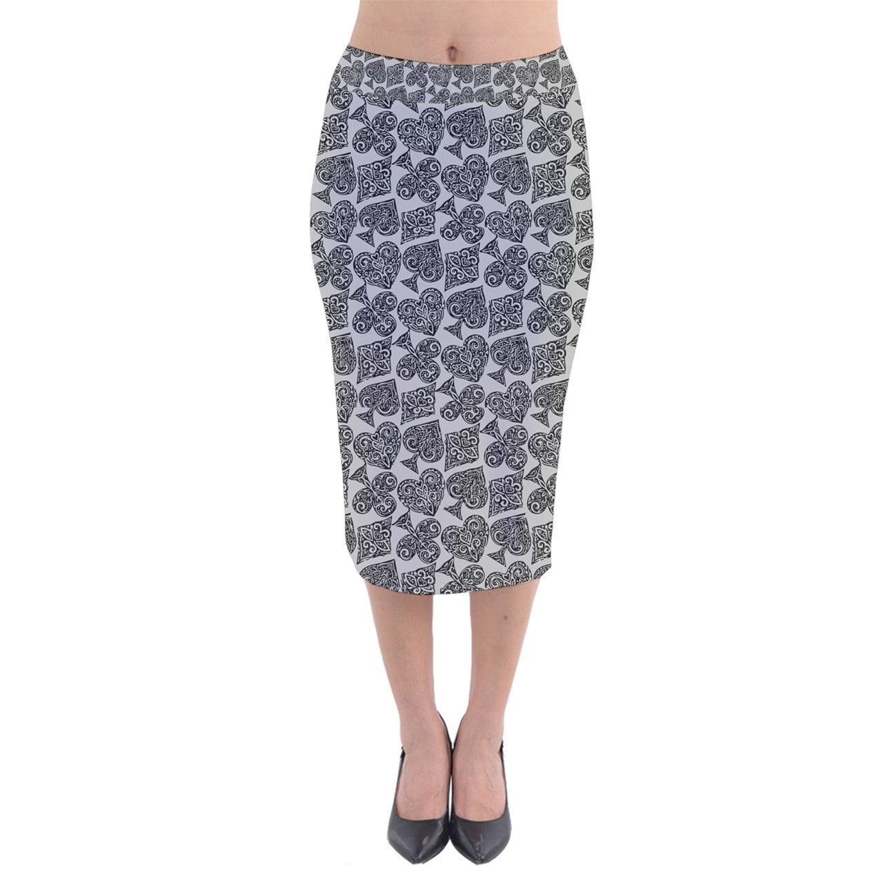 Playingcards-grey Velvet Midi Pencil Skirt - Luxtrini, LLC