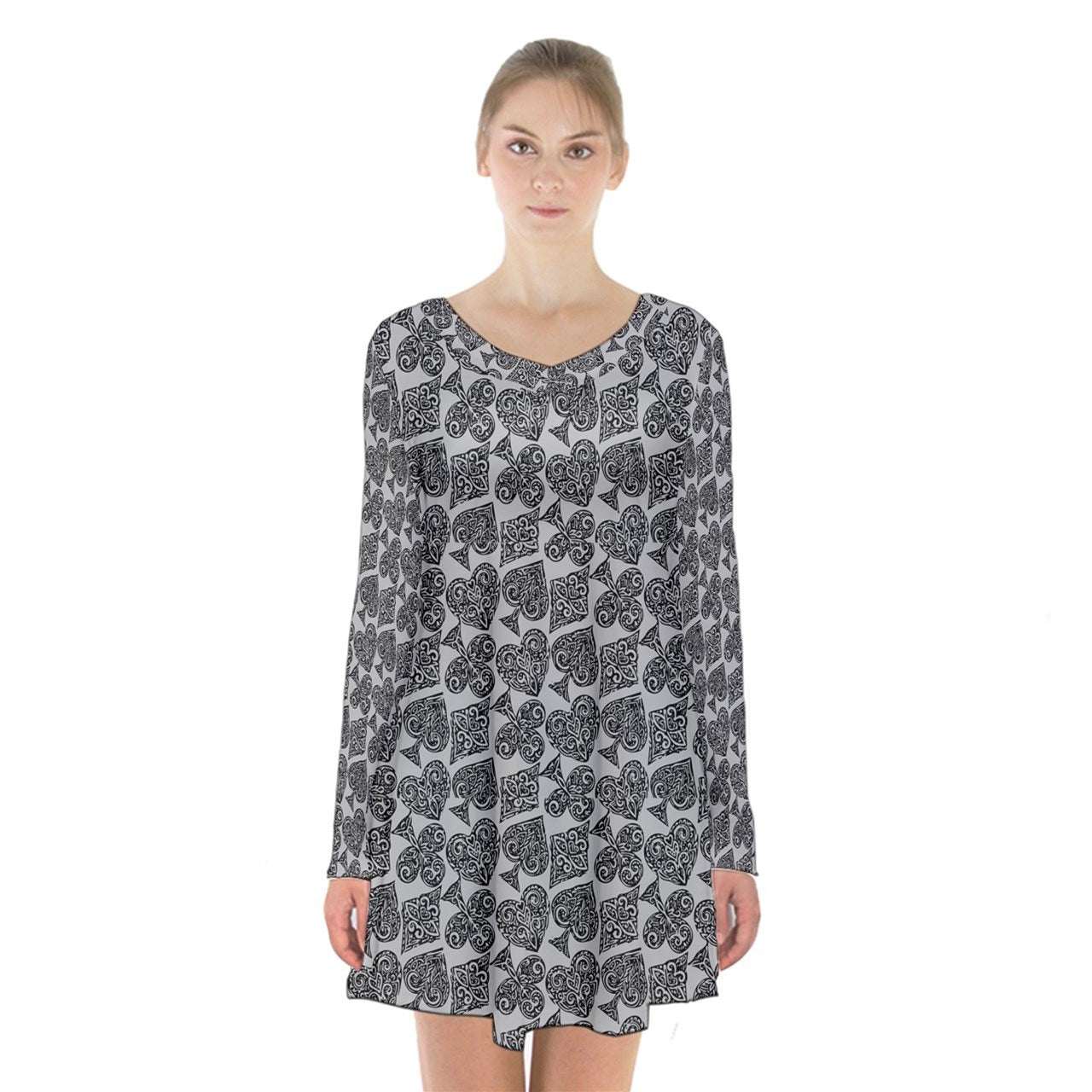 Playingcards-grey Long Sleeve Velvet V-neck Dress - Luxtrini, LLC