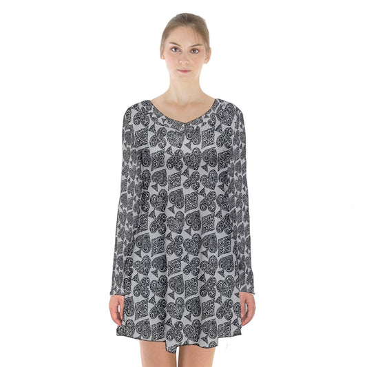 Playingcards-grey Long Sleeve Velvet V-neck Dress - Luxtrini, LLC