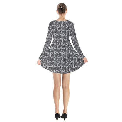 Playingcards-grey Long Sleeve Velvet V-neck Dress - Luxtrini, LLC