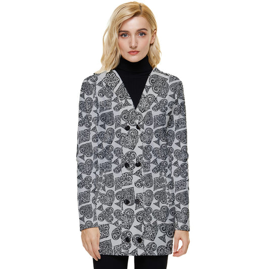 Playingcards-grey Button Up Hooded Coat - Luxtrini, LLC