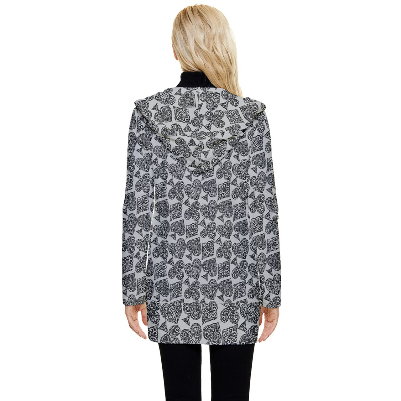 Playingcards-grey Button Up Hooded Coat - Luxtrini, LLC