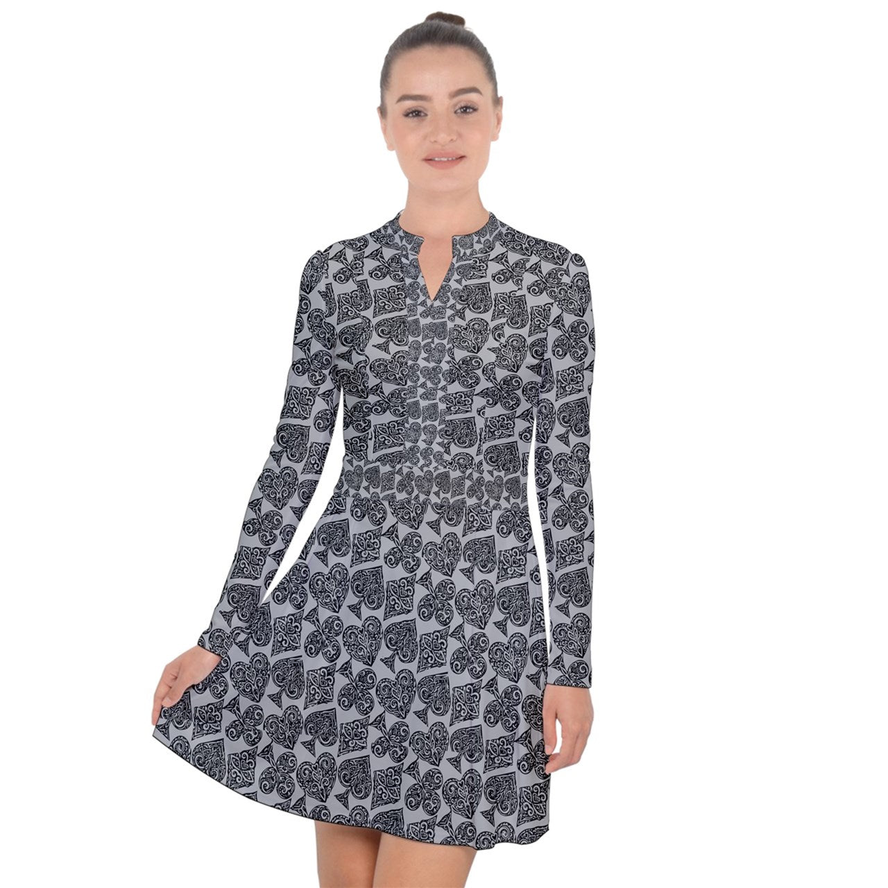 Playingcards-grey Long Sleeve Panel Dress - Luxtrini, LLC