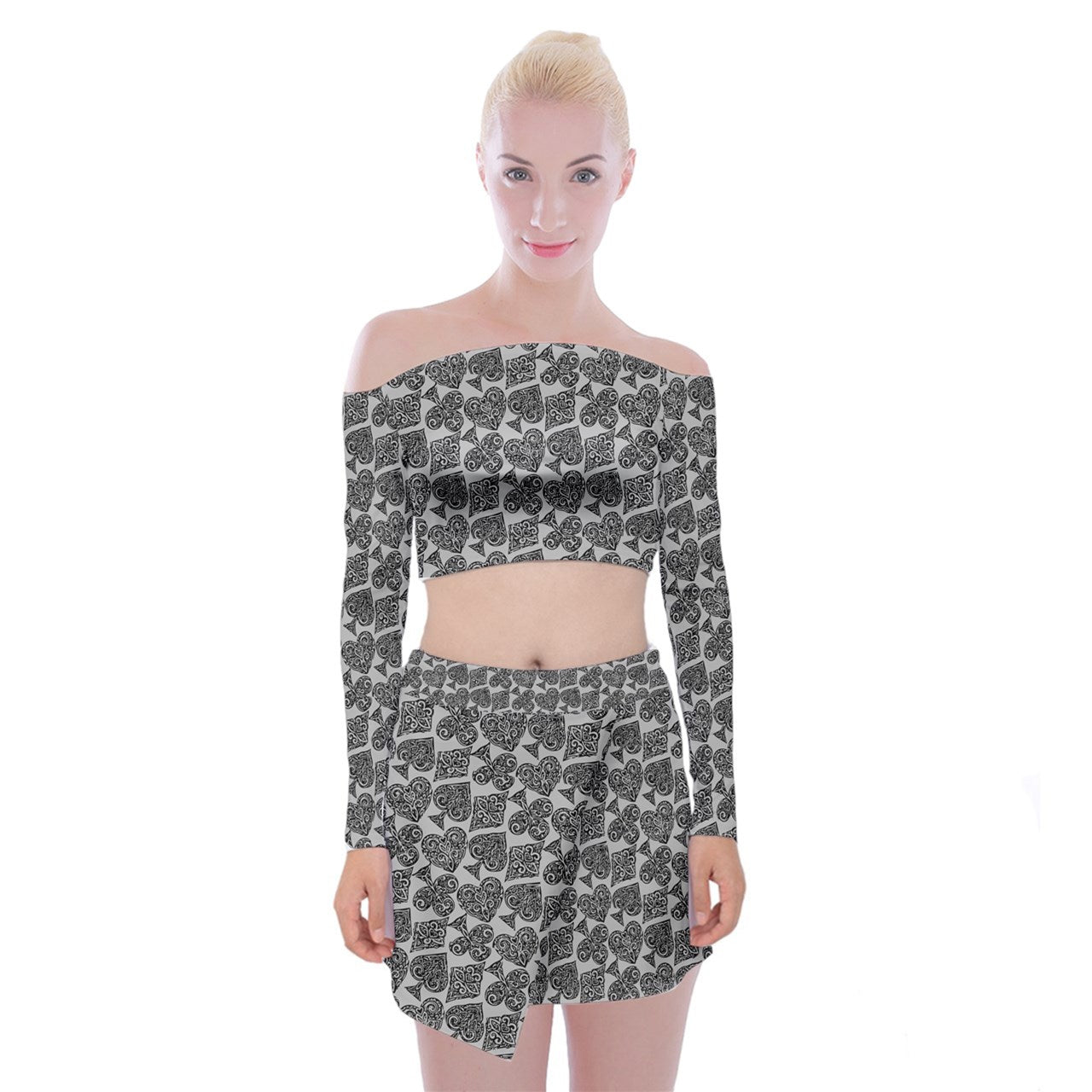 Playingcards-grey Off Shoulder Top with Mini Skirt Set - Luxtrini, LLC