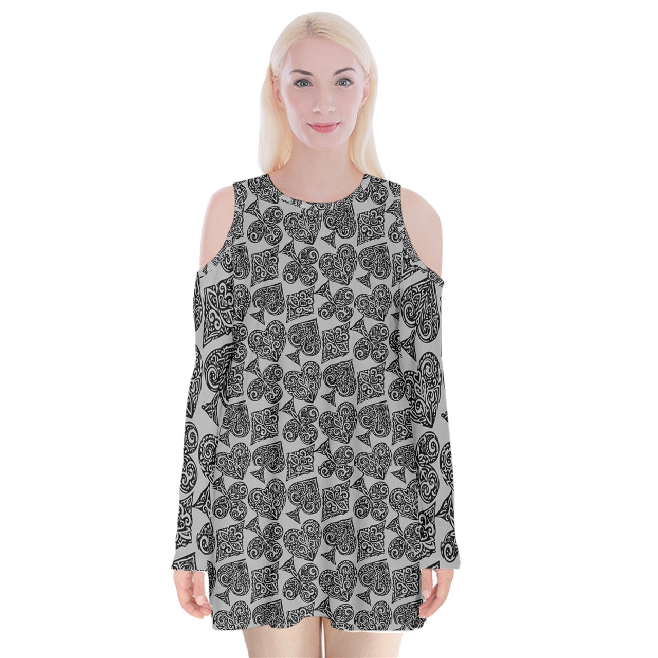 Playingcards-grey Velvet Long Sleeve Shoulder Cutout Dress - Luxtrini, LLC