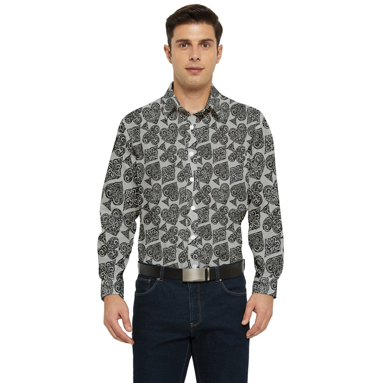 Playingcards-grey Men's Long Sleeve  Shirt - Luxtrini, LLC