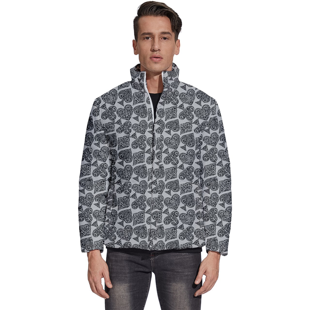 Playingcards-grey Men's Puffer Bubble Jacket Coat - Luxtrini, LLC