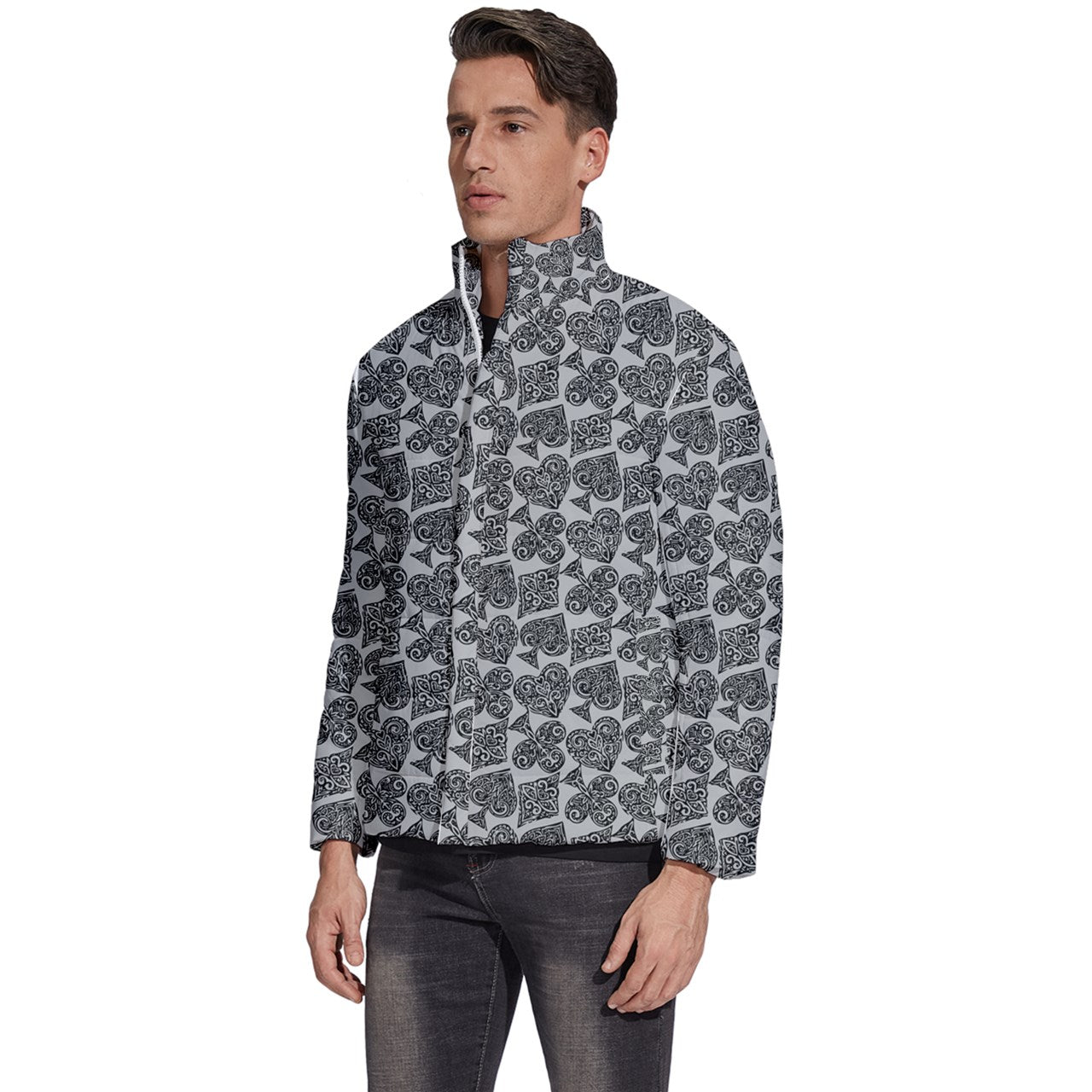 Playingcards-grey Men's Puffer Bubble Jacket Coat - Luxtrini, LLC