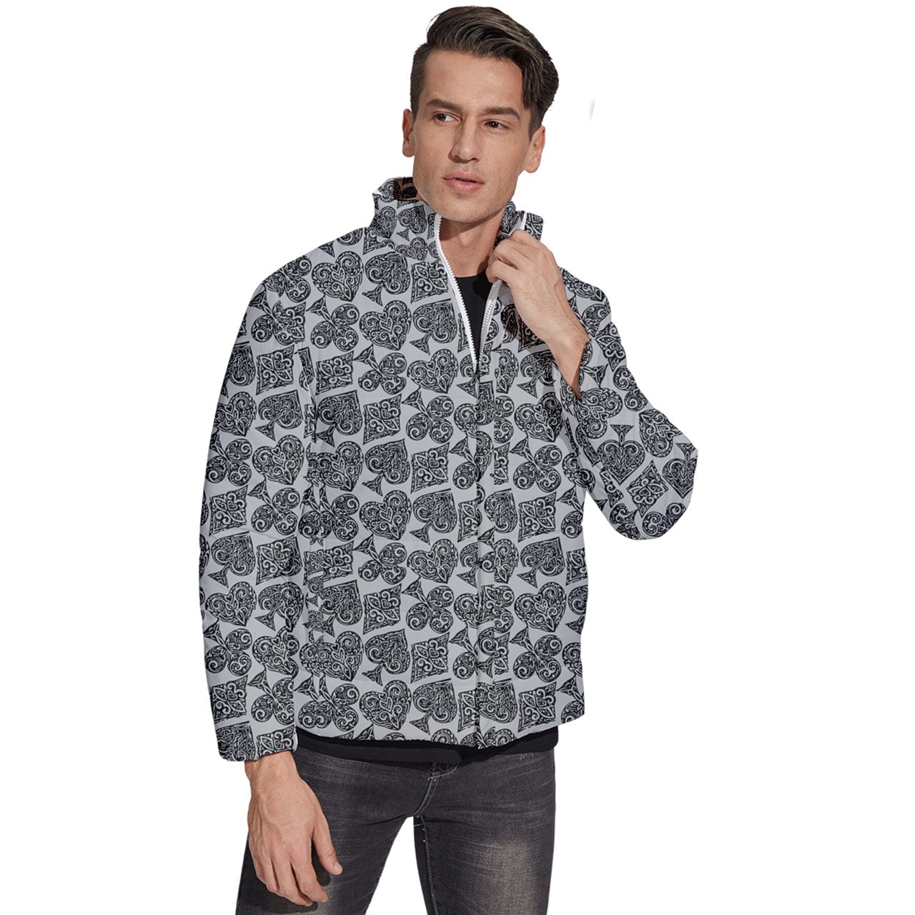 Playingcards-grey Men's Puffer Bubble Jacket Coat - Luxtrini, LLC