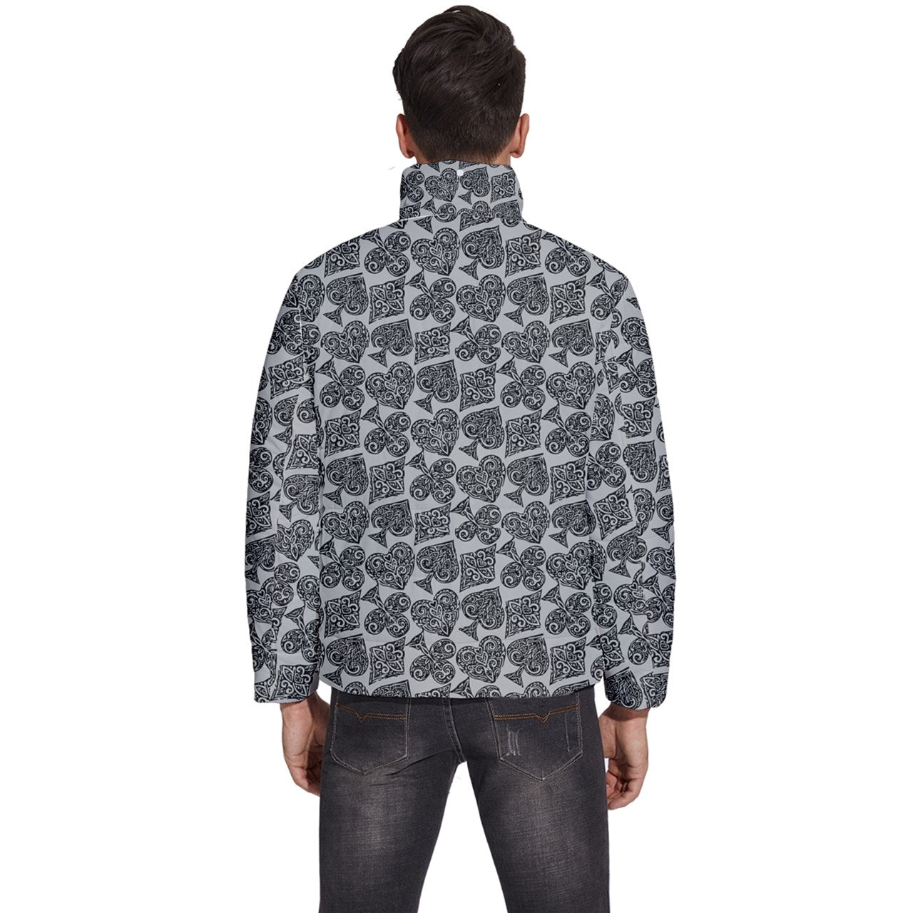 Playingcards-grey Men's Puffer Bubble Jacket Coat - Luxtrini, LLC