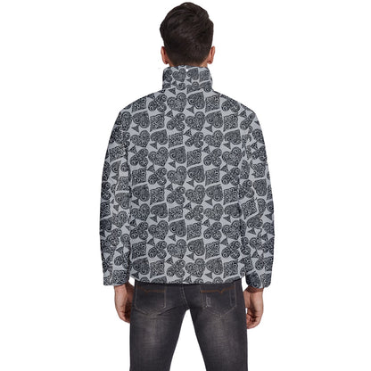 Playingcards-grey Men's Puffer Bubble Jacket Coat - Luxtrini, LLC