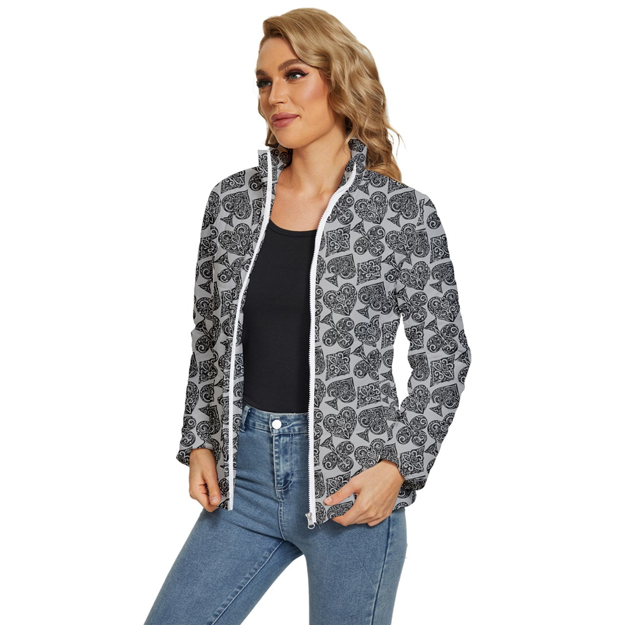 Playingcards-grey Women's Puffer Bubble Jacket Coat - Luxtrini, LLC