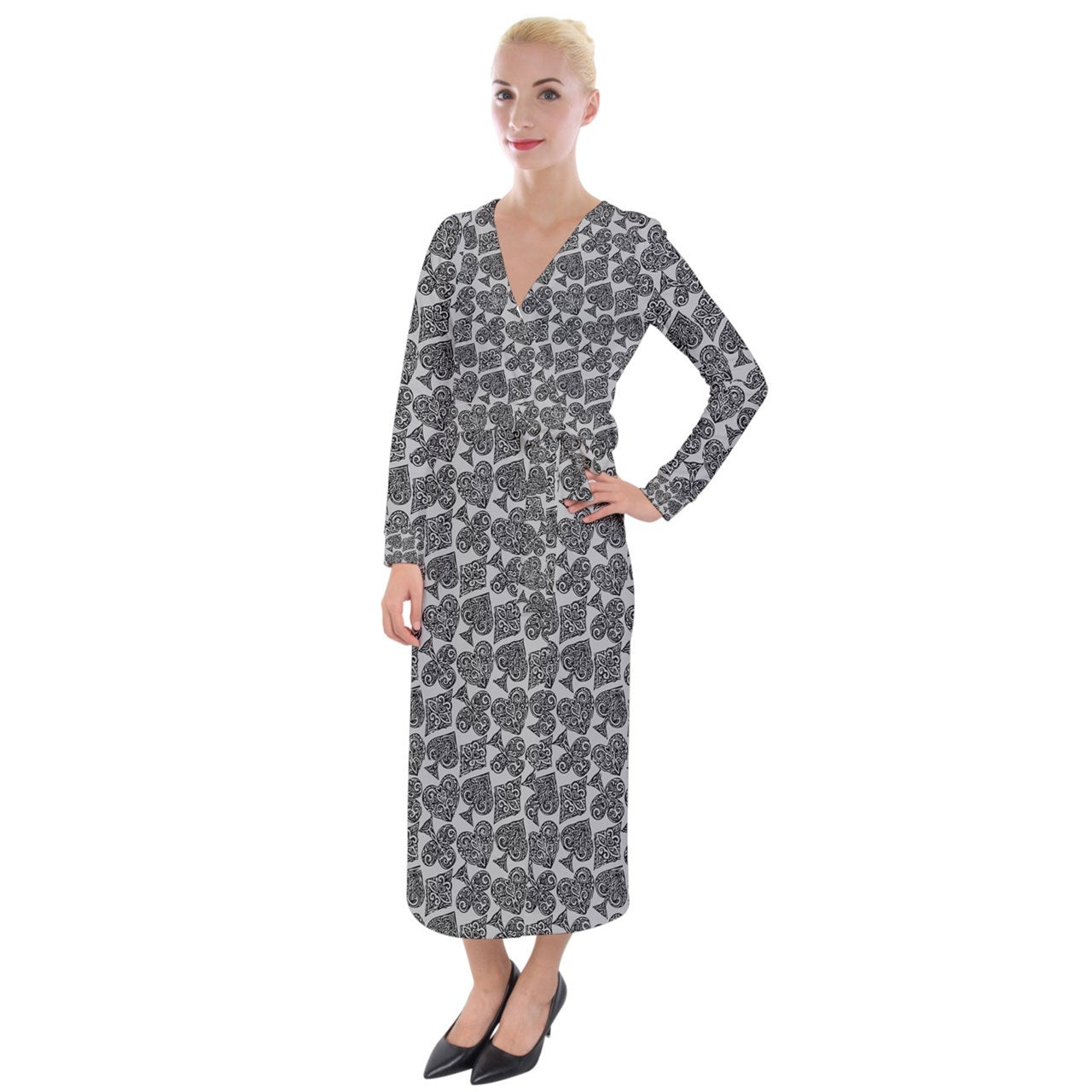 Playingcards-grey Velvet Maxi Wrap Dress - Luxtrini, LLC