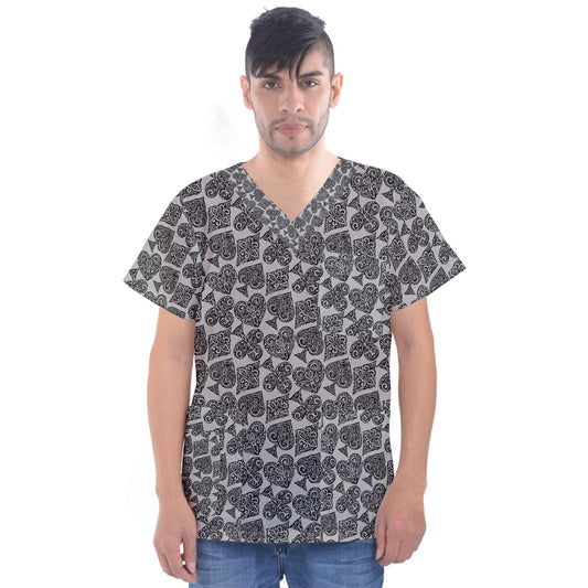 Playingcards-grey Men's V-Neck Scrub Top - Luxtrini, LLC