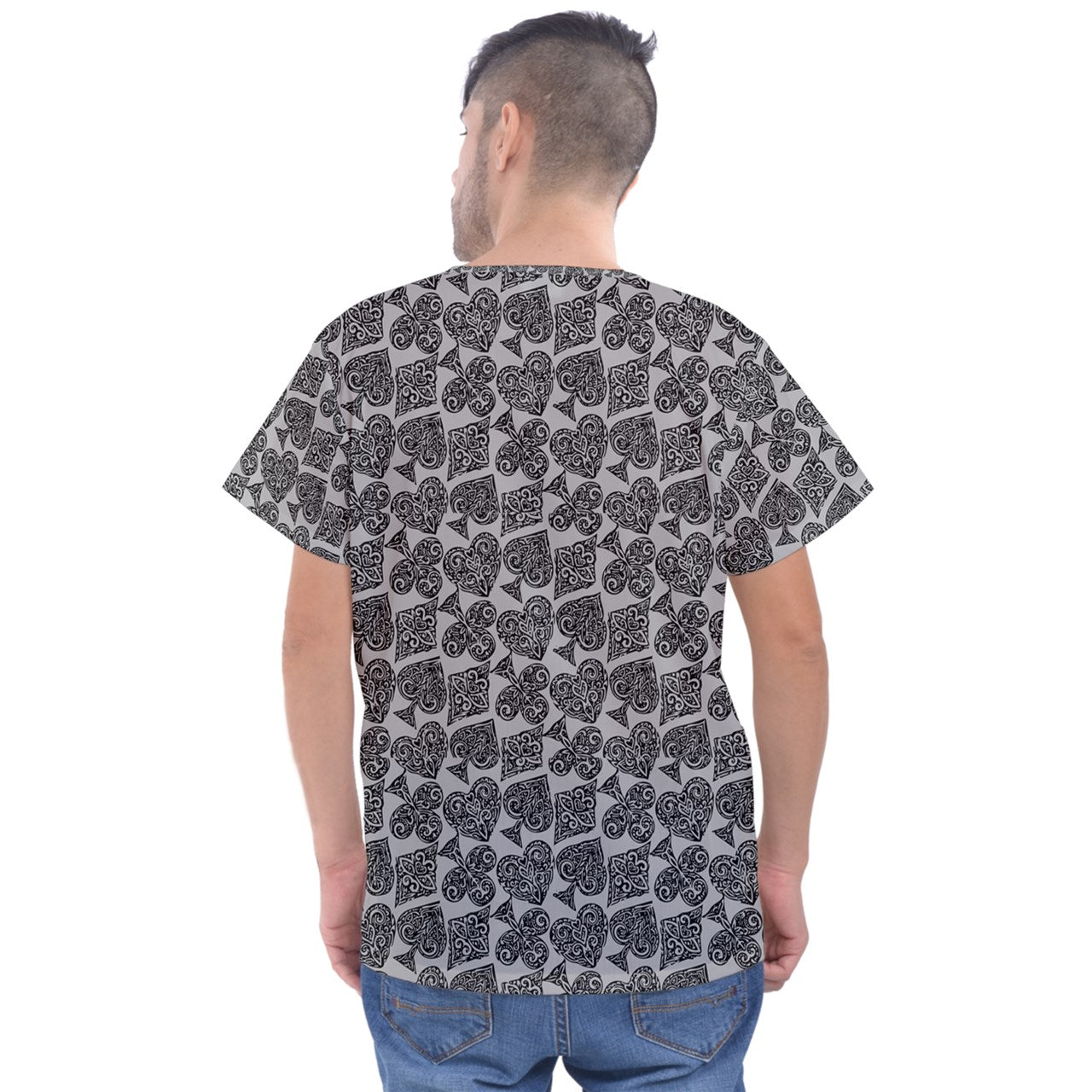 Playingcards-grey Men's V-Neck Scrub Top - Luxtrini, LLC