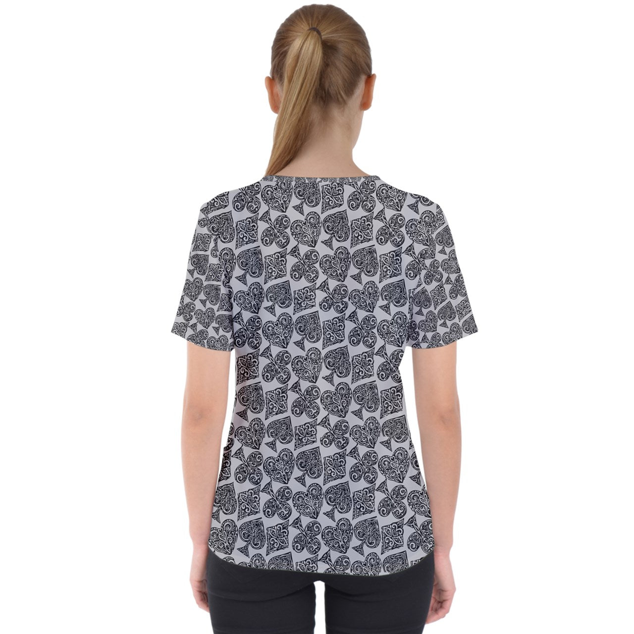 Playingcards-grey Women's V-Neck Scrub Top - Luxtrini, LLC