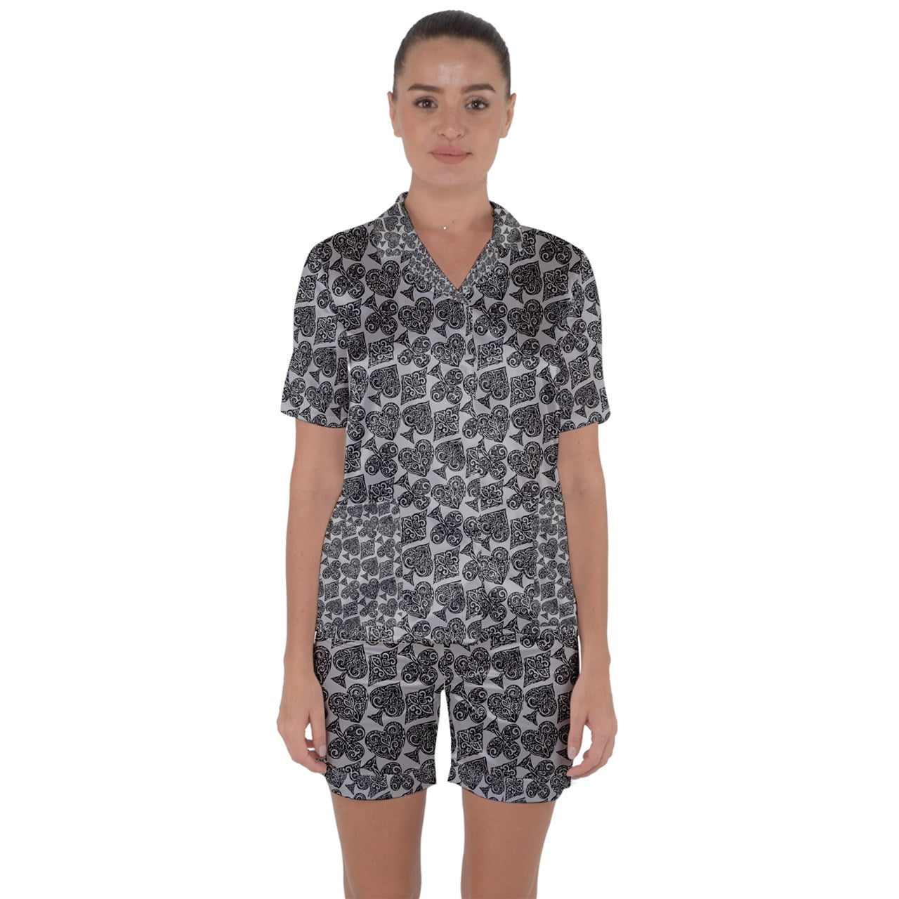 Playingcards-grey Satin Short Sleeve Pajamas Set - Luxtrini, LLC