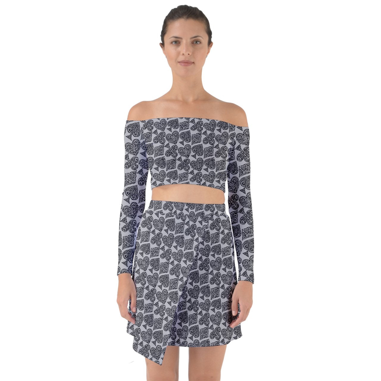 Playingcards-grey Off Shoulder Top with Skirt Set - Luxtrini, LLC