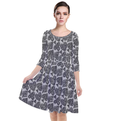 Playingcards-grey Quarter Sleeve Waist Band Dress - Luxtrini, LLC