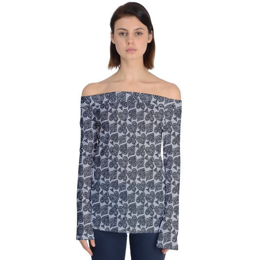 Playingcards-grey Off Shoulder Long Sleeve Top - Luxtrini, LLC