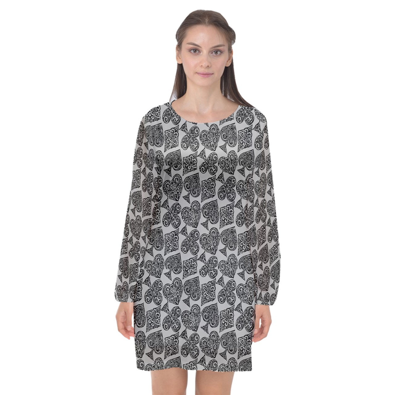 Playingcards-grey Long Sleeve Chiffon Shift Dress - Luxtrini, LLC