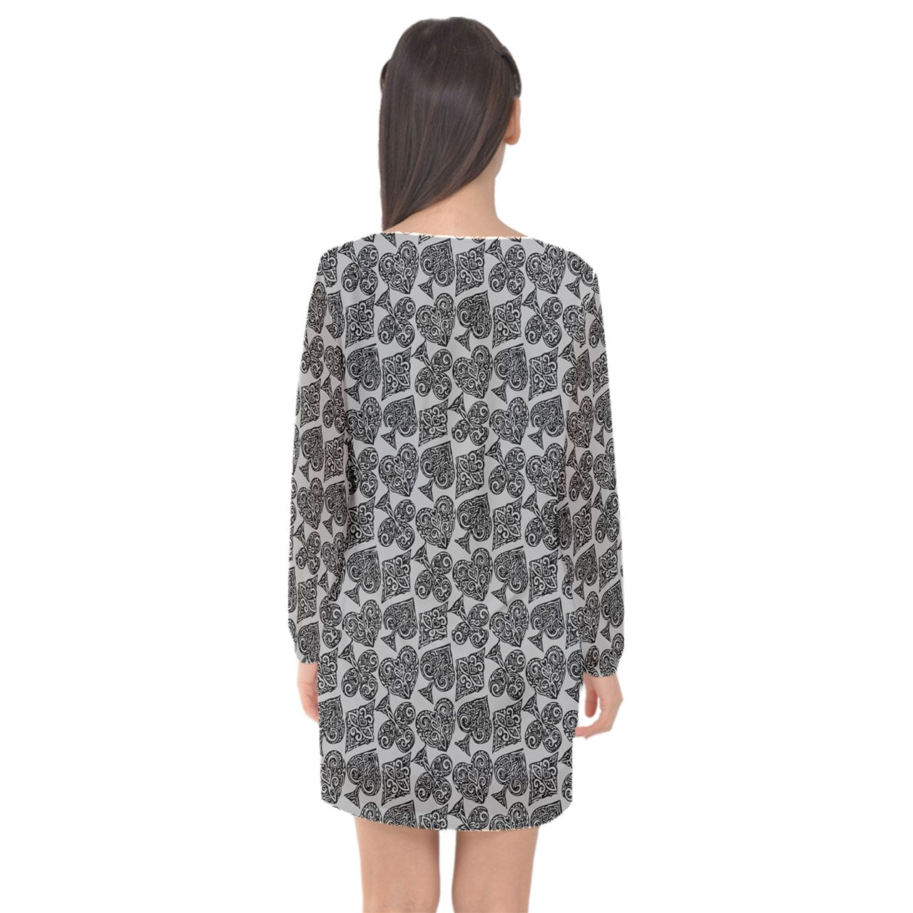 Playingcards-grey Long Sleeve Chiffon Shift Dress - Luxtrini, LLC