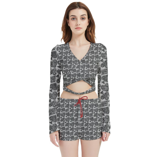 Playingcards-grey Velvet Wrap Crop Top and Shorts Set - Luxtrini, LLC