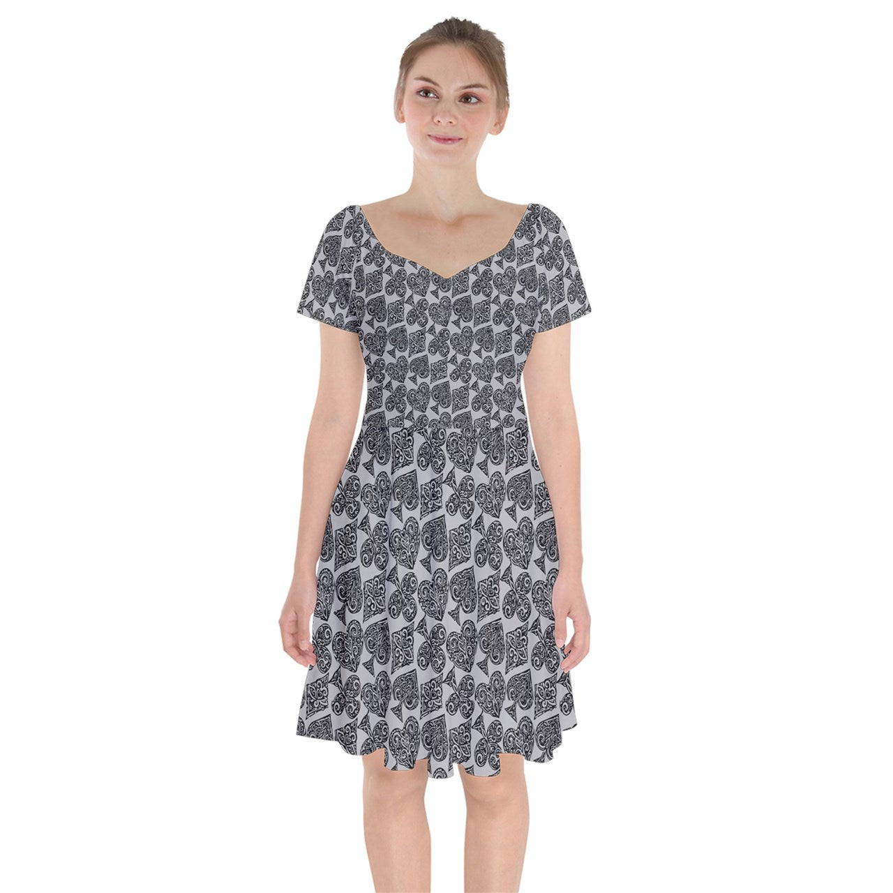 Playingcards-grey Short Sleeve Bardot Dress - Luxtrini, LLC