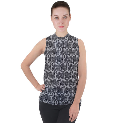 Playingcards-grey Mock Neck Chiffon Sleeveless Top - Luxtrini, LLC