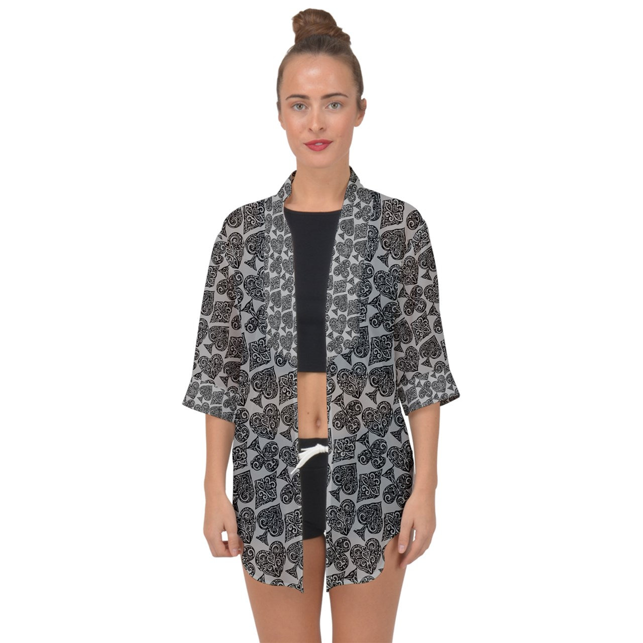 Playingcards-grey Open Front Chiffon Kimono - Luxtrini, LLC